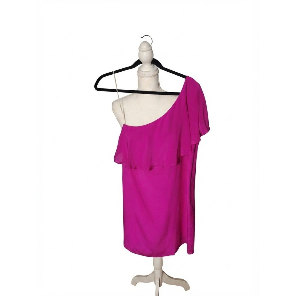 Lavender Brown‎ Magenta Pink 100% Silk One Shoulder Ruffle Mini Dress Womens XS